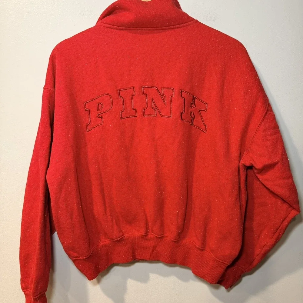 PINK Victoria's Secret Red Fleece Quarter Zip Sweatshirt Love Pink S glitter